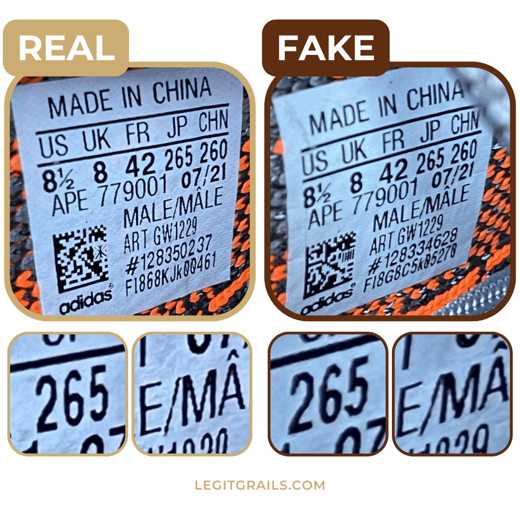 real vs. fake Yeezy v2 Beluga size tag comparison