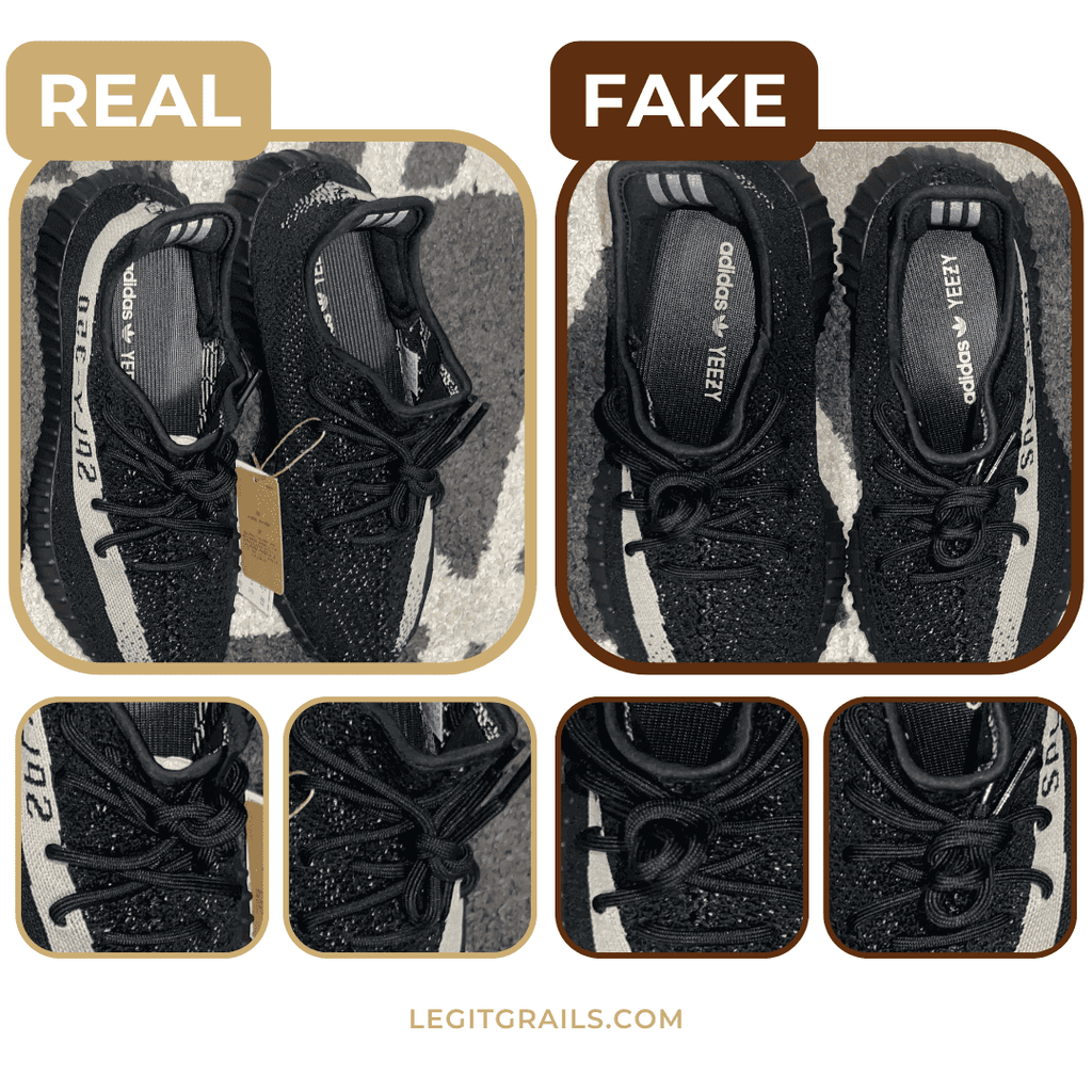 Yeezy 350 v2 Oreo real vs. fake lacing comparison