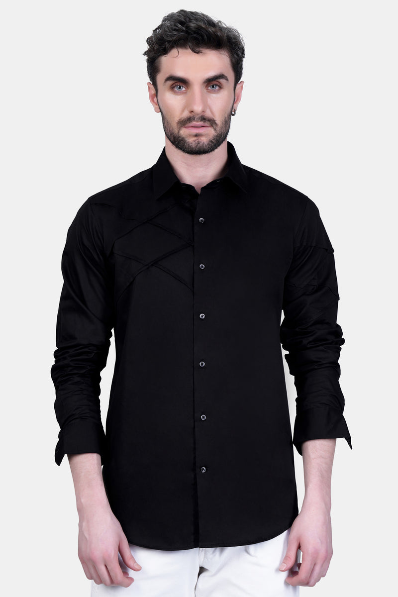 JADE BLACK CROSS TUCKS SUBTLE SHEEN SUPER SOFT PREMIUM COTTON DESIGNER SHIRT