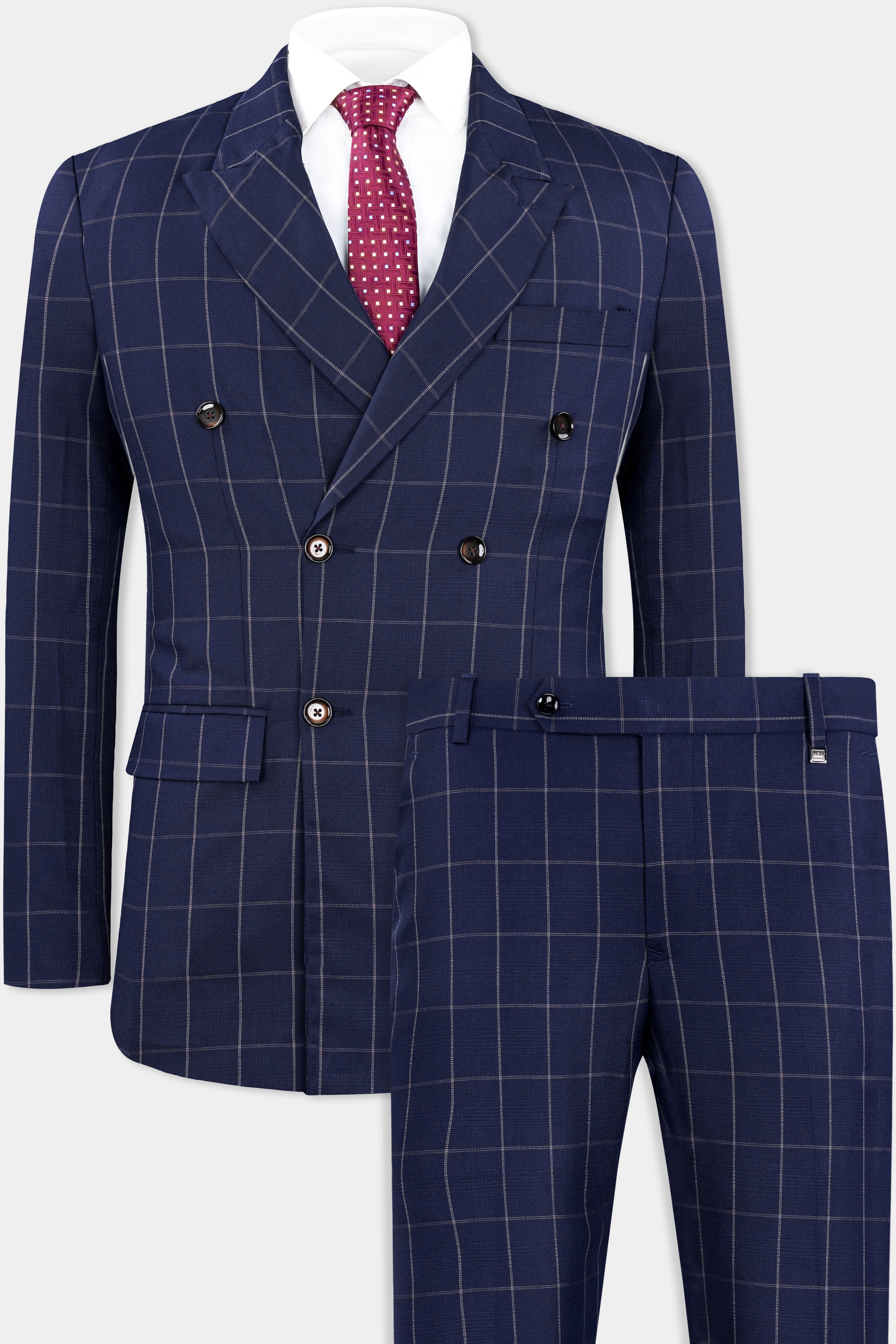 Ebony Blue Checks-Plaid Premium cotton Double Breasted Suit For Men.