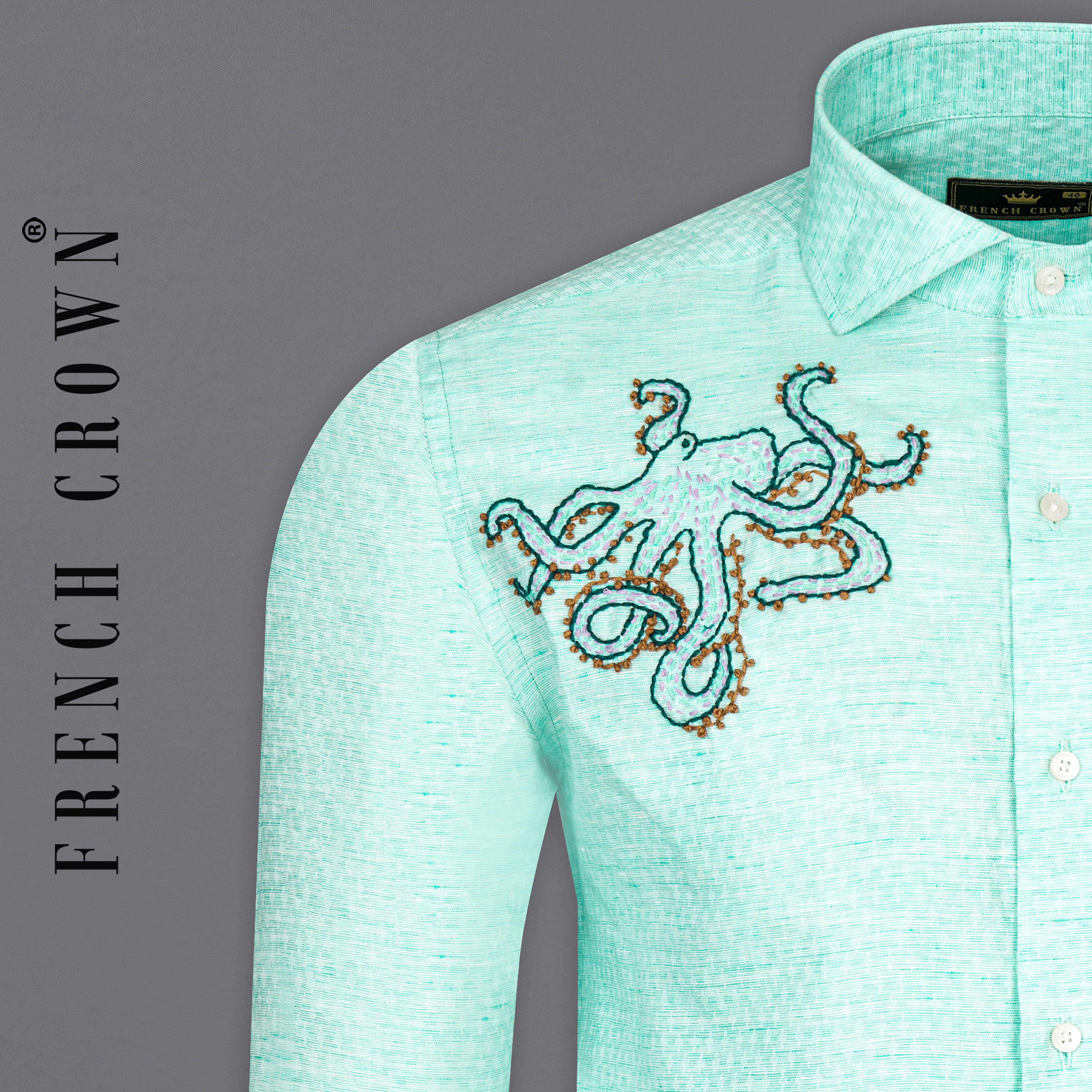Iceberg  Green Hand Embroidered Dobby Textured Premium Giza Cotton Designer Shirt