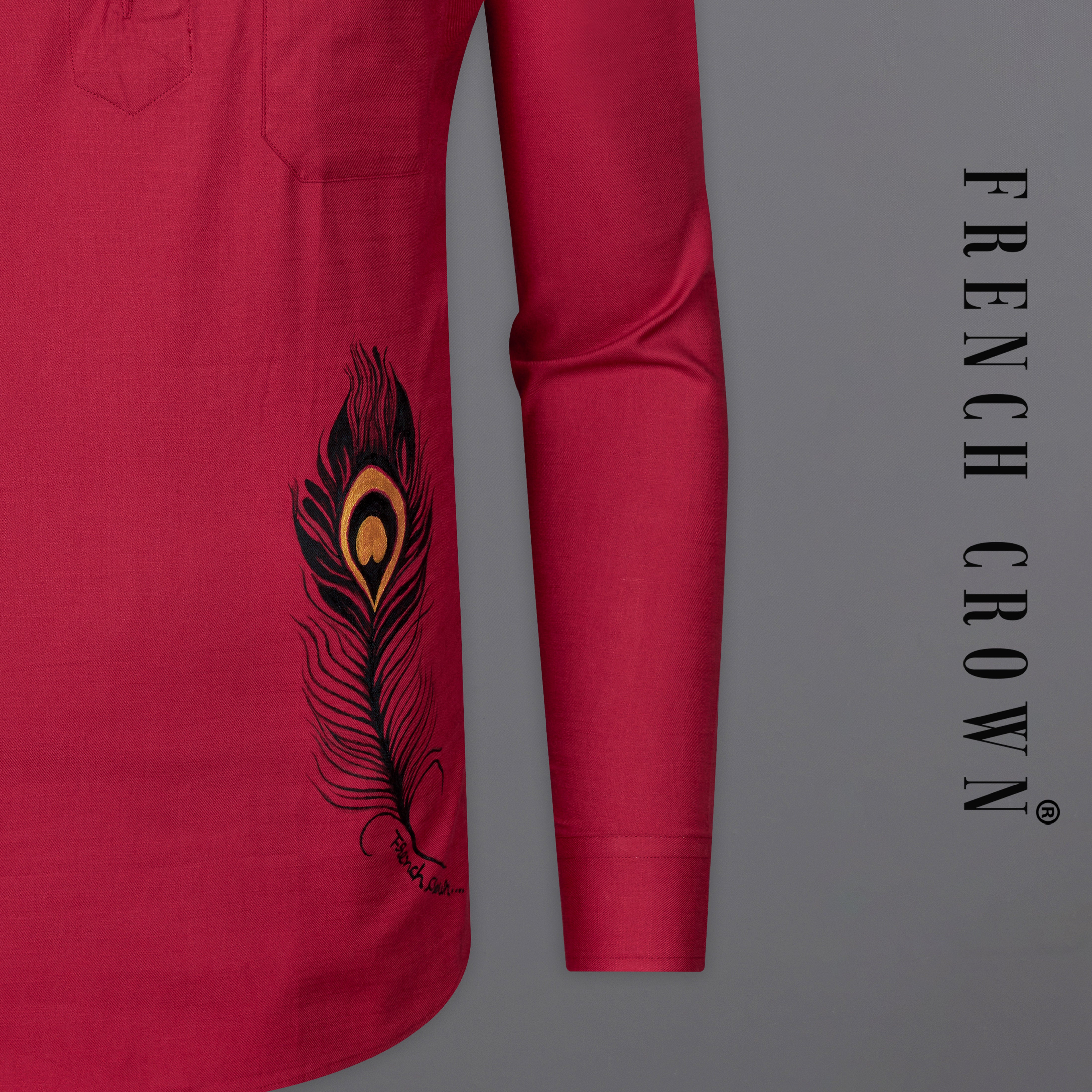 Stiletto Red Peacock Wings Hand Painted Twill Premium Cotton Designer Kurta Shirt