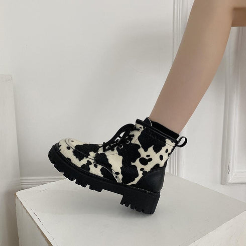 COW PRINT EGIRL OUTFIT CHUNKY PLATFORM BOOTS | NORMCORE STUDIOS