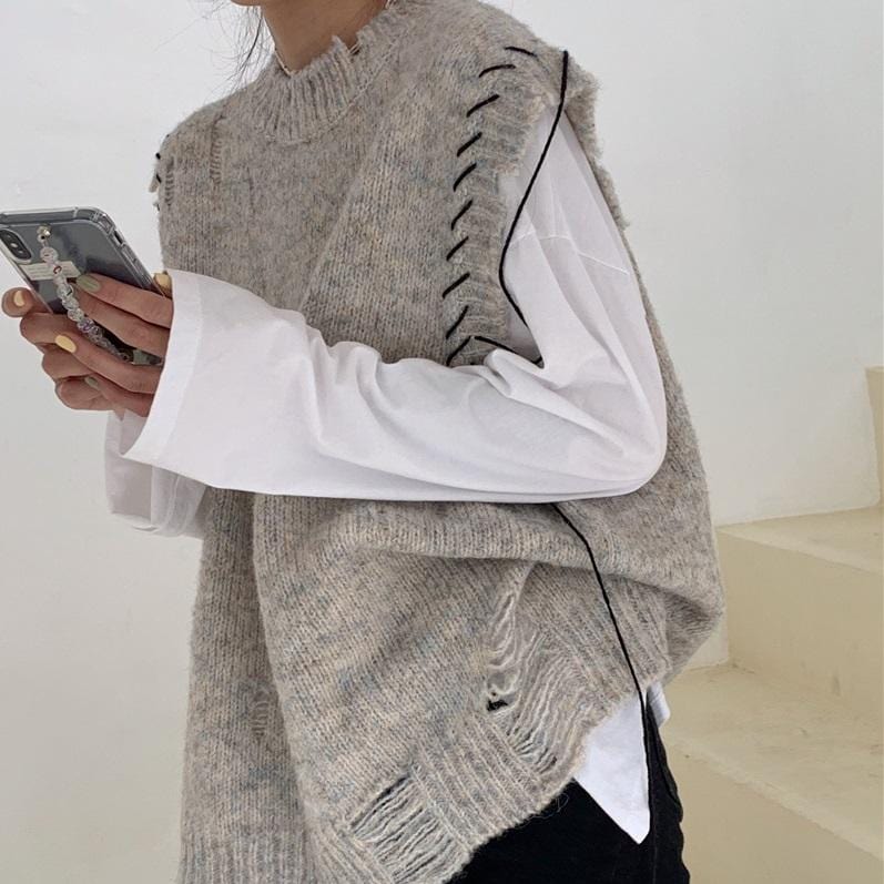 GRAY BLACK GRUNGE RIPPED STITCHING KNIT LOOSE VEST - NORMCORE STUDIOS
