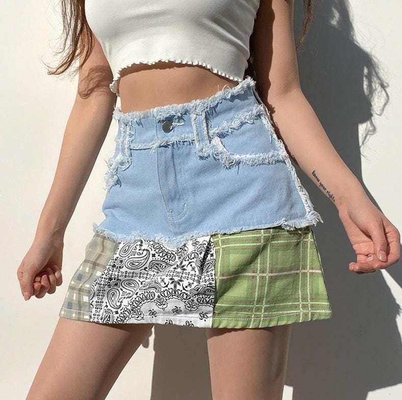 PATCHWORK COTTAGECORE FRINGE HIGH WAIST MINI SKIRT | NORMCORE STUDIOS