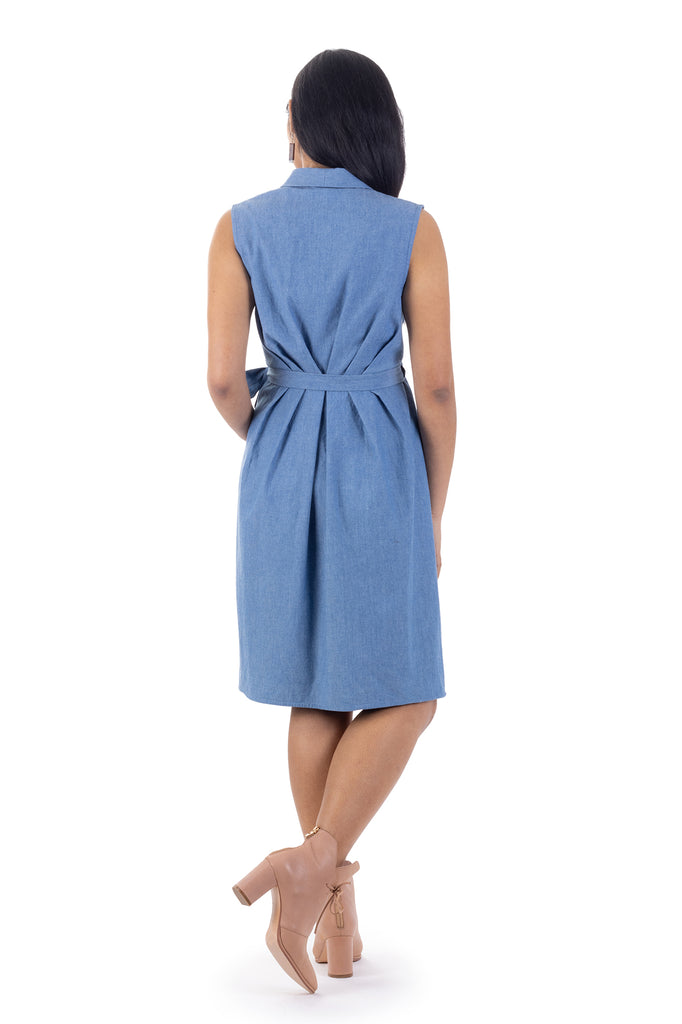 Blue chambray sleeveless Adeline dress