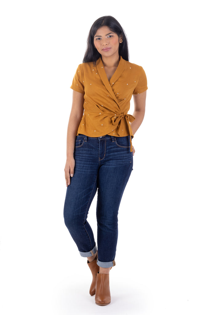 Mustard double gauze Adeline wrap top