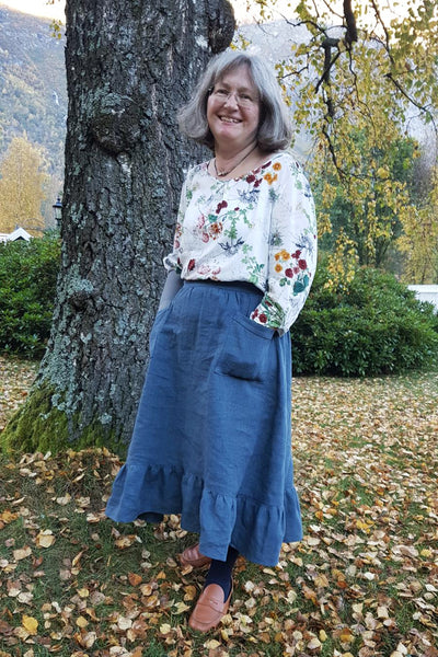 Forget-Me-Not Ella  skirt pattern make, long length with patch pocket, by Anne