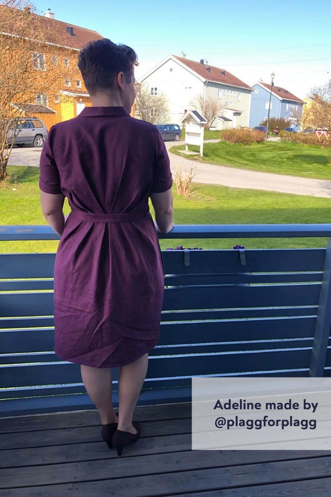 Forget-Me-Not Adeline wrap dress tester make in purple, rear view