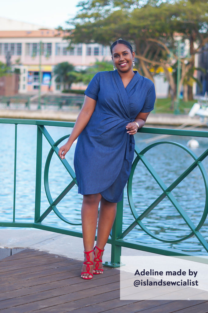 Forget-Me-Not Adeline wrap dress tester make in blue with shawl collar