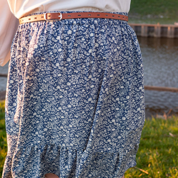 Close up of blue floral Forget-me-not Patterns Ellas Skirt with elastic waist hack