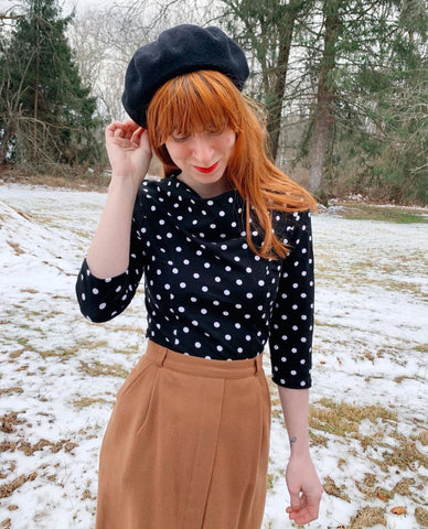 Forget-Me-Not Clementine princess seam cowl neck shirt pattern in polka dot print