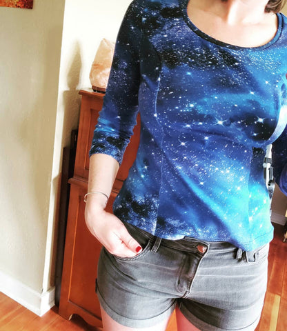 Forget-Me-Not Clementine princess seam scoop neck tee pattern in stretch jersey galaxy print