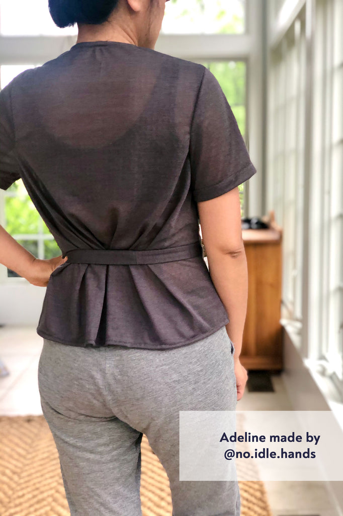 Forget-Me-Not Adeline wrap top tester make in grey, rear view