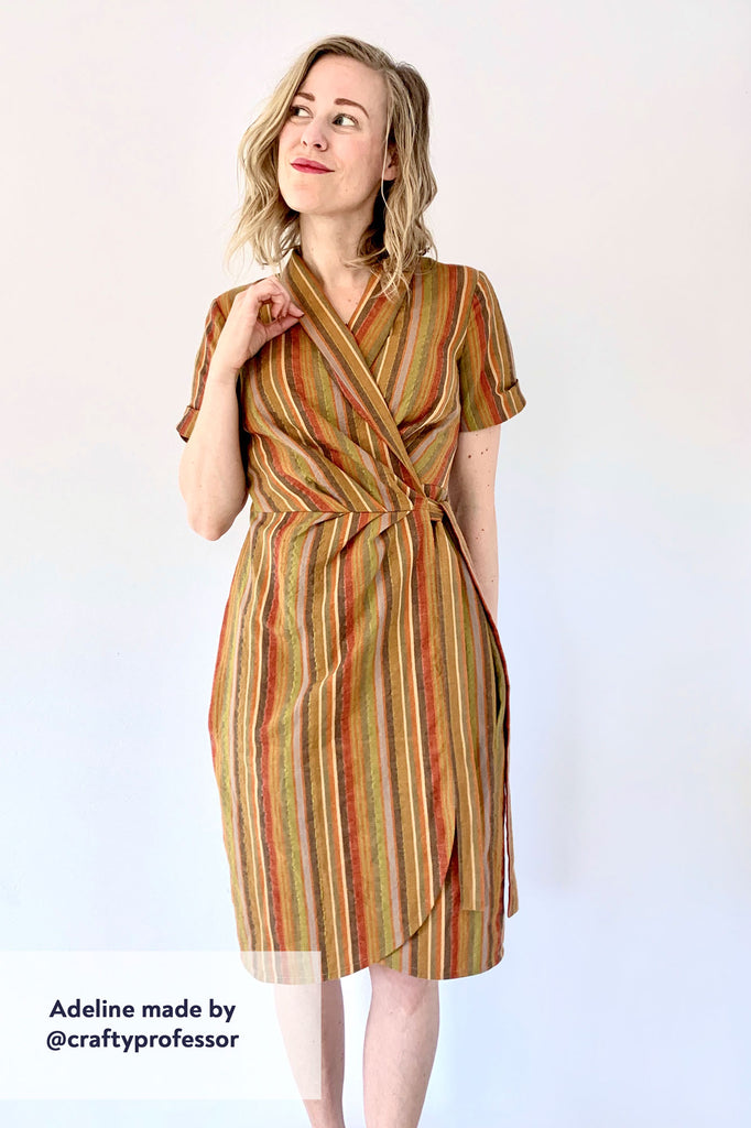 Forget-Me-Not Adeline wrap dress tester make in yellow stripe with shawl collar