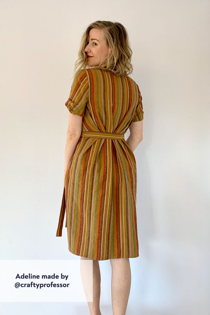 Forget-Me-Not Adeline wrap dress tester make in yellow stripe with shawl collar, rear view