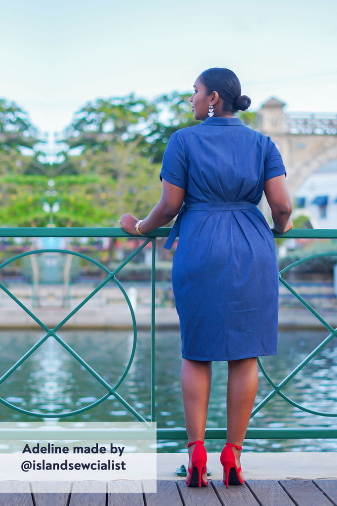 Forget-Me-Not Adeline wrap dress tester make in blue, rear view