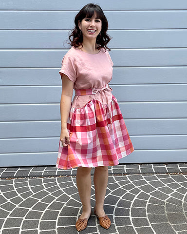 Nicole's April A-Line dress and Gemma belt make in pink and gingham