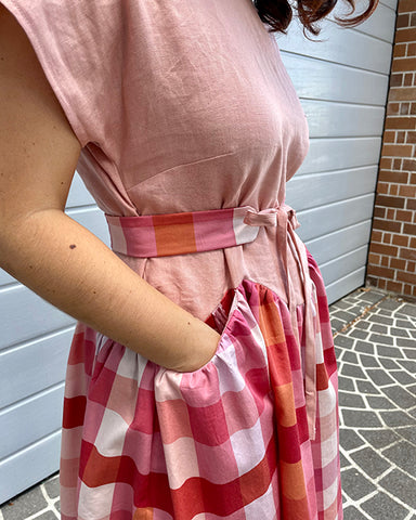 Nicole April A-Line dress and Gemma belt in pink and gingham: pocket detail view