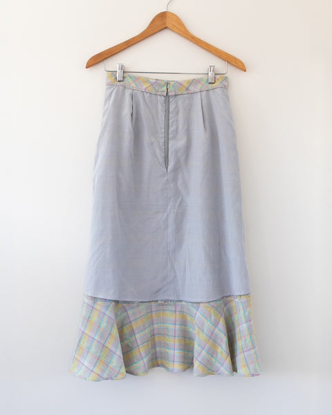 Hanging inside out view of Jo's plaid Rosalie skirt, back