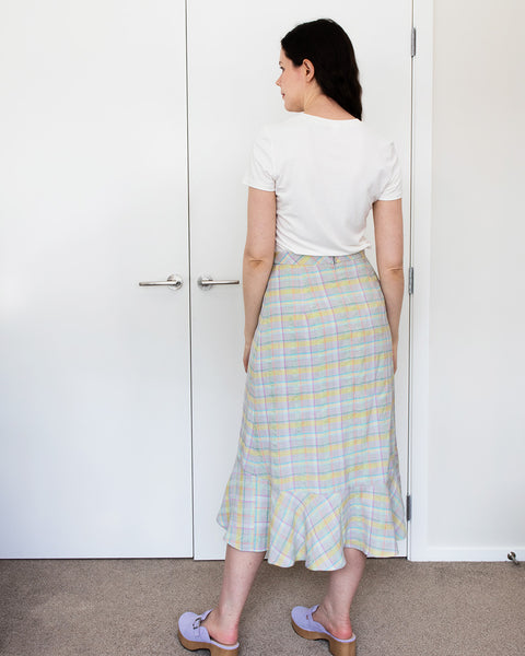 Back view of Jo's plaid Rosalie skirt