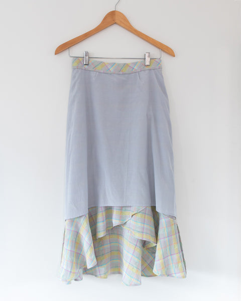 Hanging inside out view of Jo's plaid Rosalie skirt, front