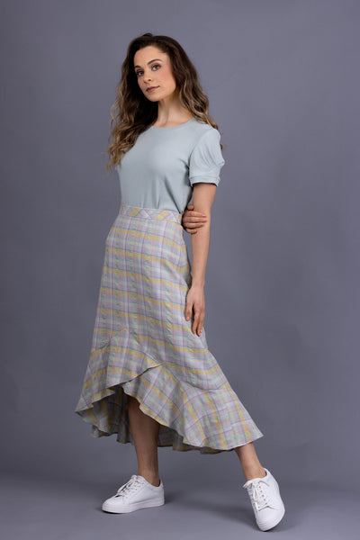 Front view plaid Rosalie skirt with Forget-me-not Iris tee
