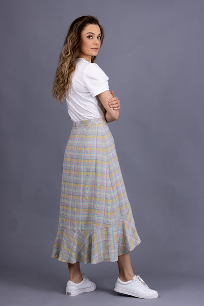 Side view plaid Rosalie Skirt with white Forget-me-not Iris tee