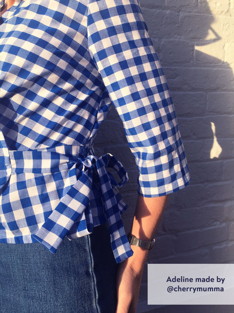 Forget-Me-Not Adeline wrap shirt test make in blue gingham