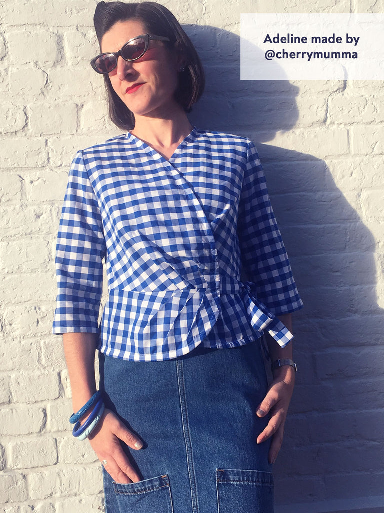 Forget-Me-Not Adeline wrap shirt tester make in blue gingham