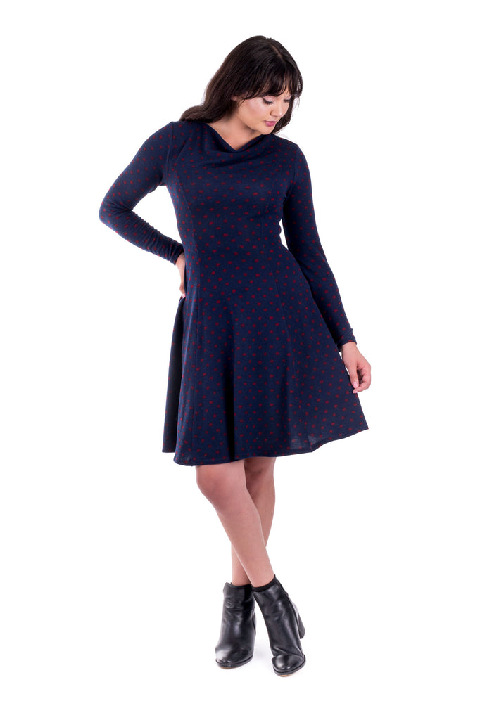 Navy Clementine dress with cowl neck - front