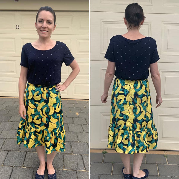 Forget-Me-Not Ella  skirt pattern make, banana print silk satin, with slimmer fit, by Debra