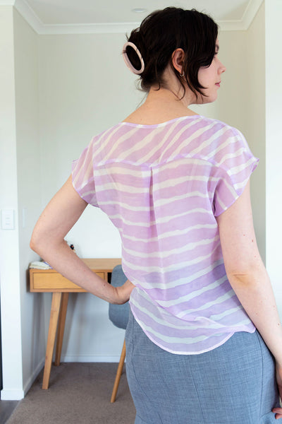 Silk shirt with watercolour painted on, rear view