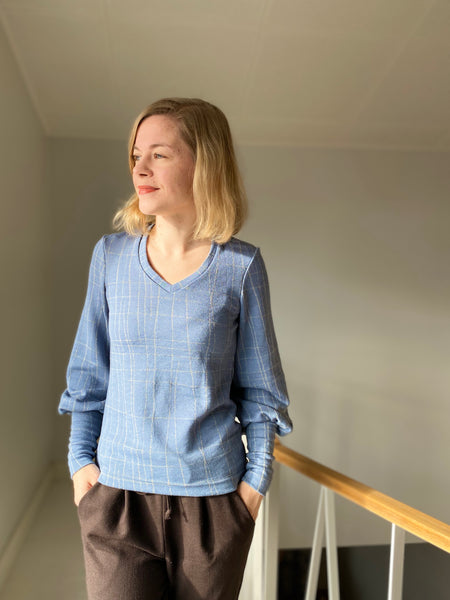 Forget-Me-Not Patterns Vera shirt pattern test make, merino jacquard knit with long cuffs