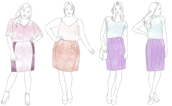 Sketch of Sabrina pencil skirt in straight, mid and curvy fits