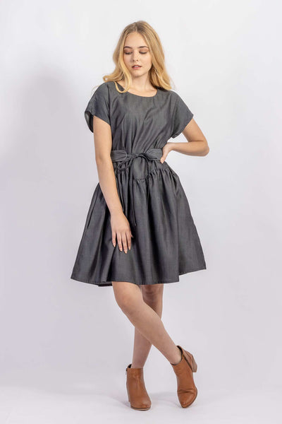 Forget-me-not April A-line dress and Gemma belt in Dark gray Tencel suiting, front view, 