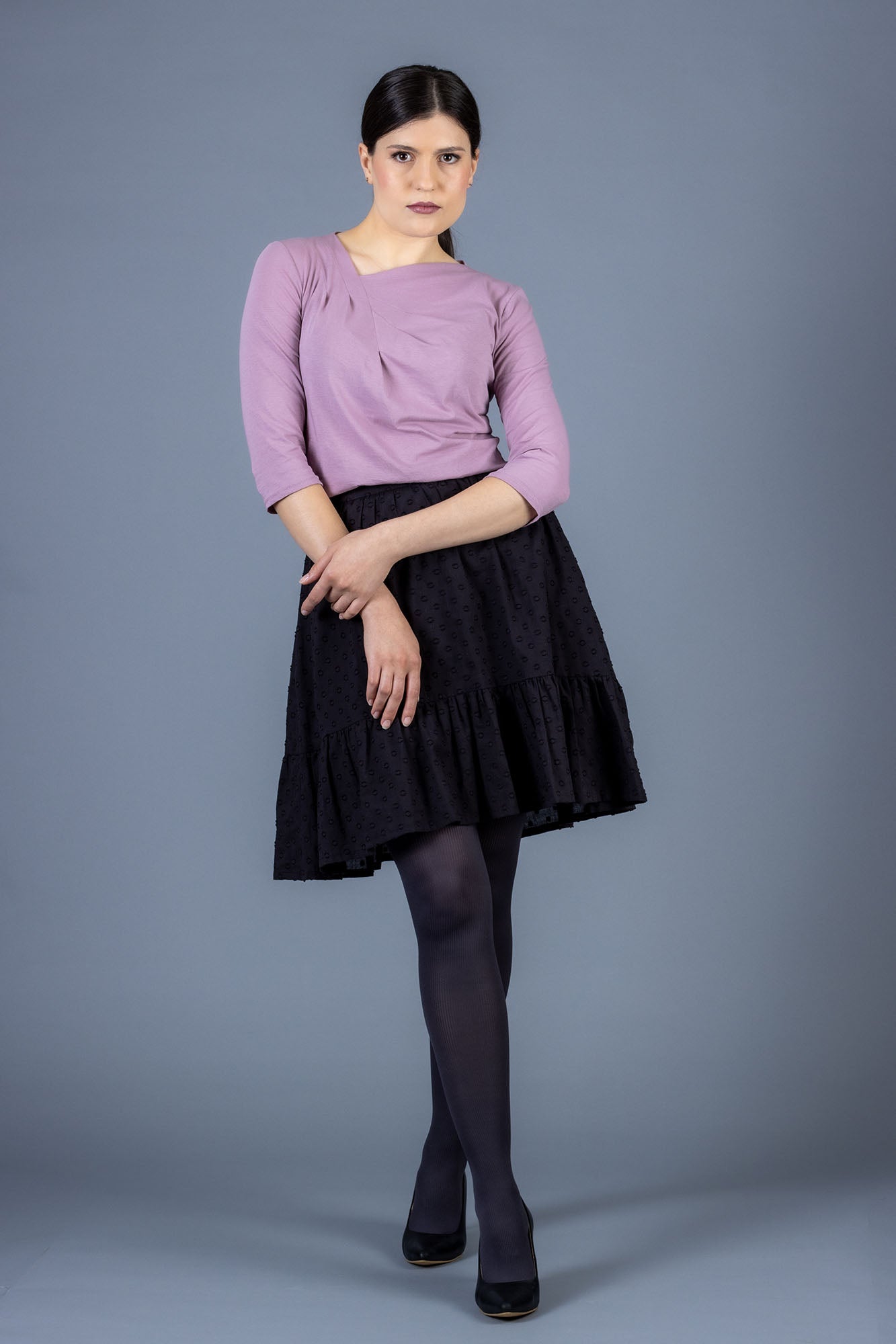 Forget-me-not Patterns Viola Top, full body view, mauve collarless three-quarter sleeve version with Ella skirt