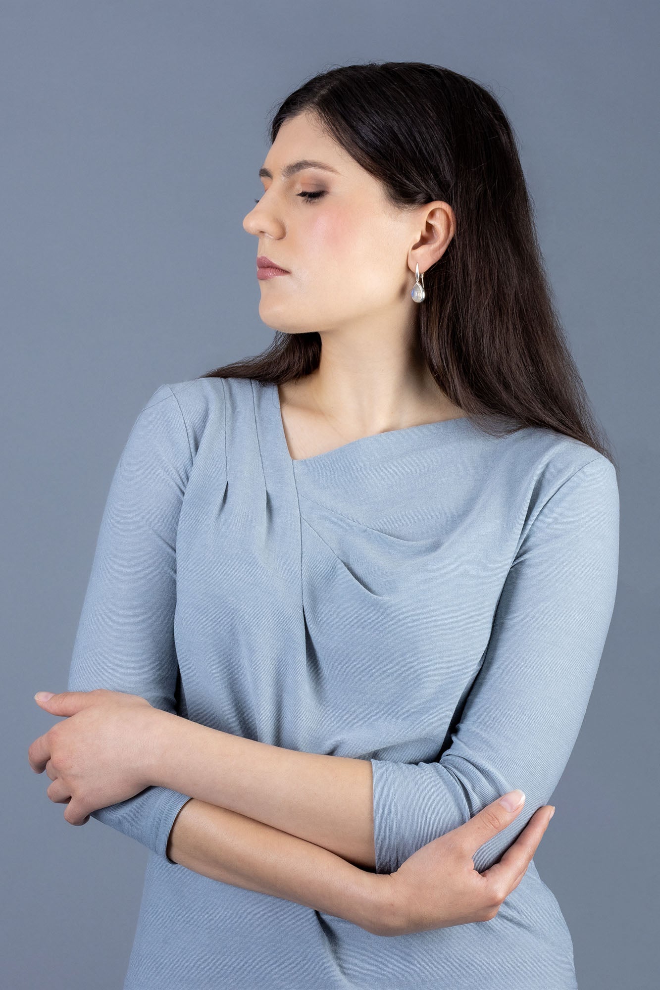 Forget-me-not Patterns Viola Top, close-up view blue collarless three-quarter sleeve version