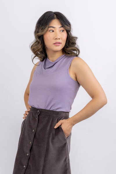 Forget-me-not Patterns Sylvie Knit Top; Lilac sleeveless cowl neck view