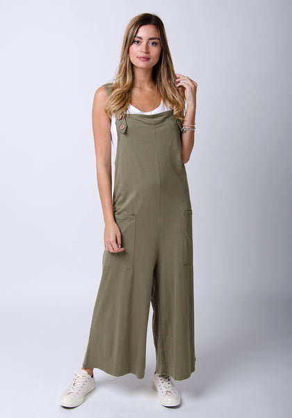 Ladies khaki wide-leg cotton jersey dungarees from Dungarees Online.