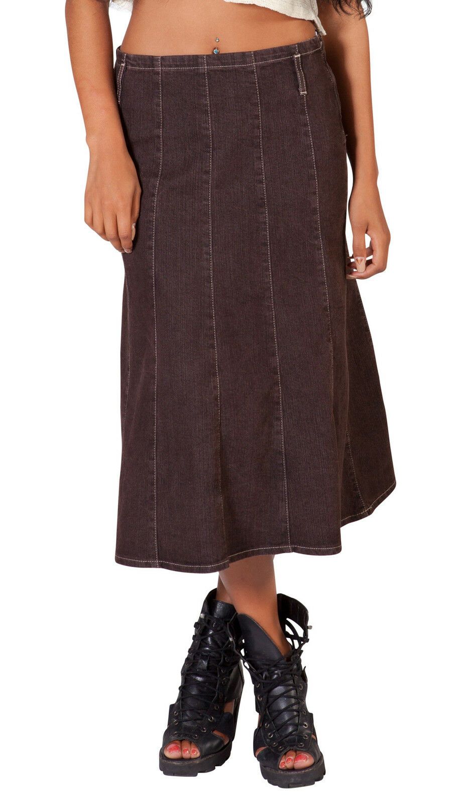 Brown Denim Stretch Midi Skirt | Panelled and Flared