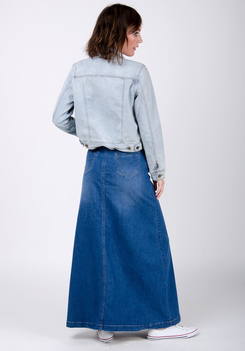 Women's Long Stonewash Denim Skirt | Modest Maxi Jean Skirt | Shop now