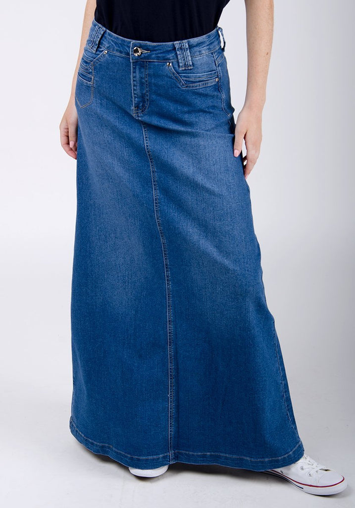 Women's Long Stonewash Denim Skirt | Modest Maxi Jean Skirt | Shop now