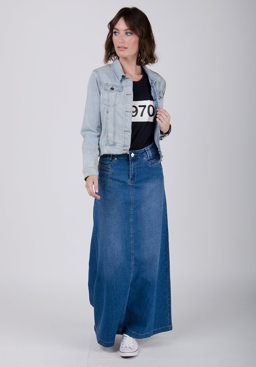 Women's Long Stonewash Denim Skirt | Modest Maxi Jean Skirt | Shop now