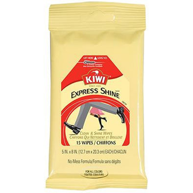 Kiwi Express Shine Clean and Shine Wipes. 15 wipes. Tan Packaging with red, black, and white text. 