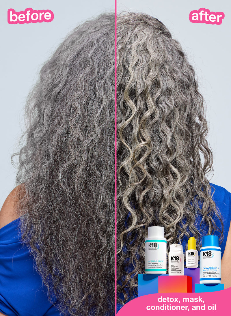 Grey curly hair before and after results using k18. 