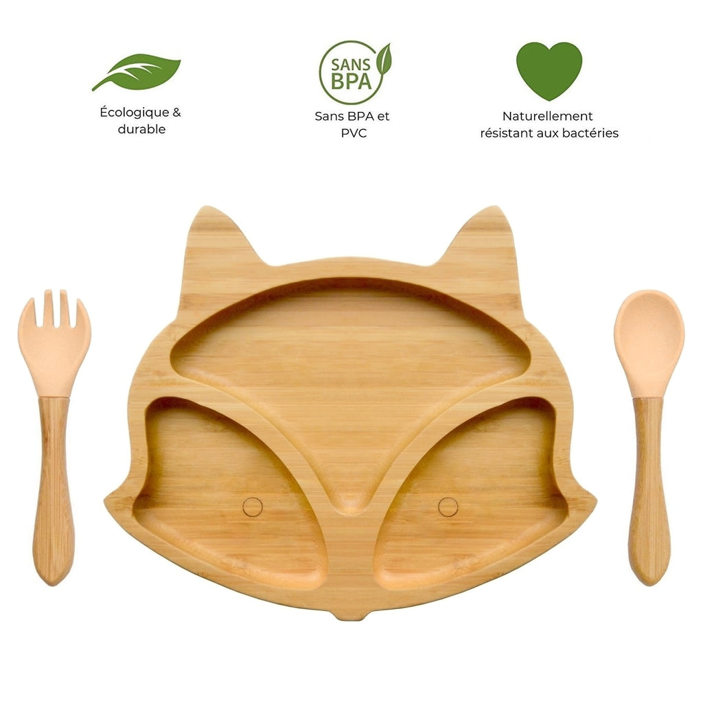 Assiette Renard A Ventouse En Bambou Naturel Et Son Duo De Couverts Bambin Au Naturel