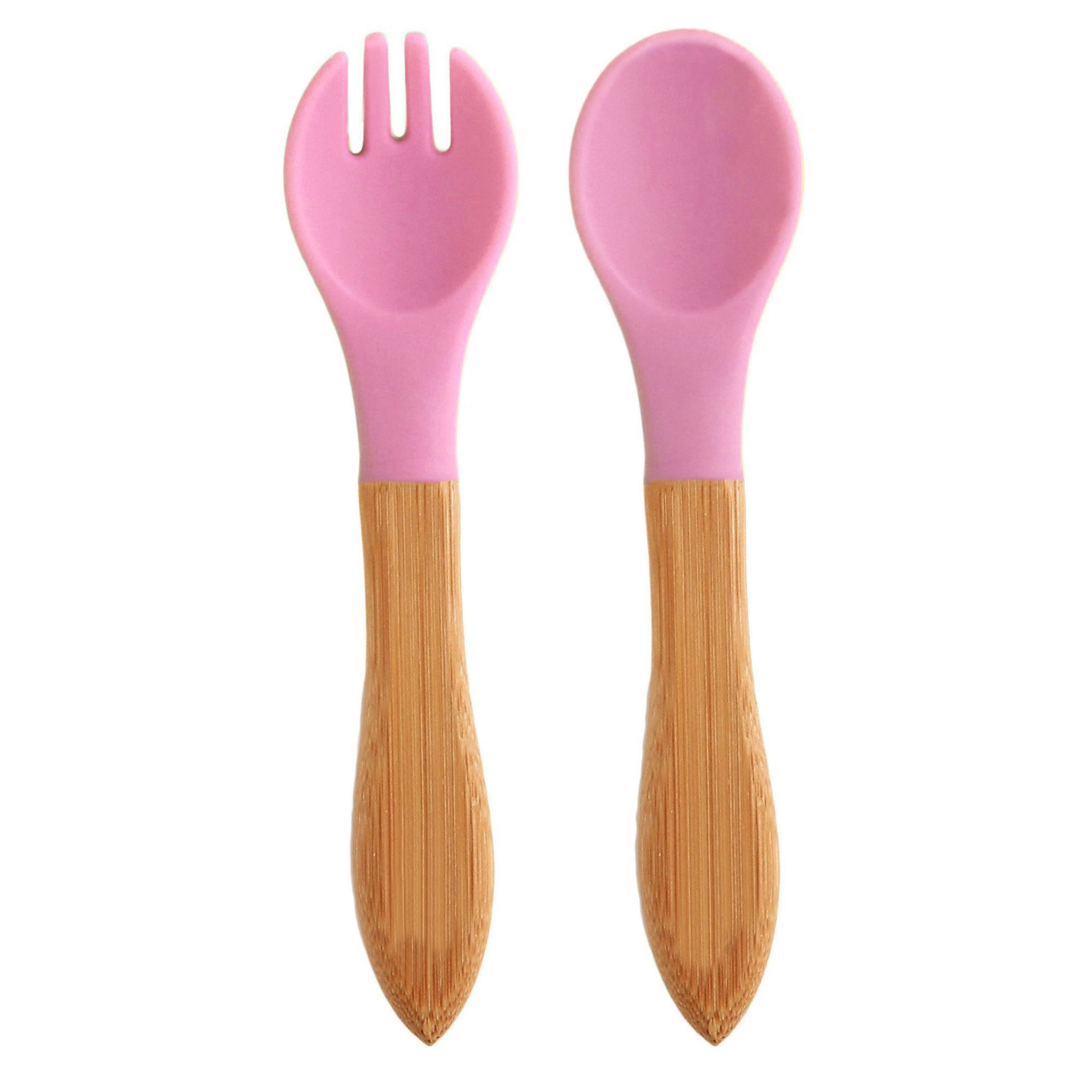 Lot De 2 Couverts En Bois Et Silicone Fourchette Et Cuillere Bambin Au Naturel