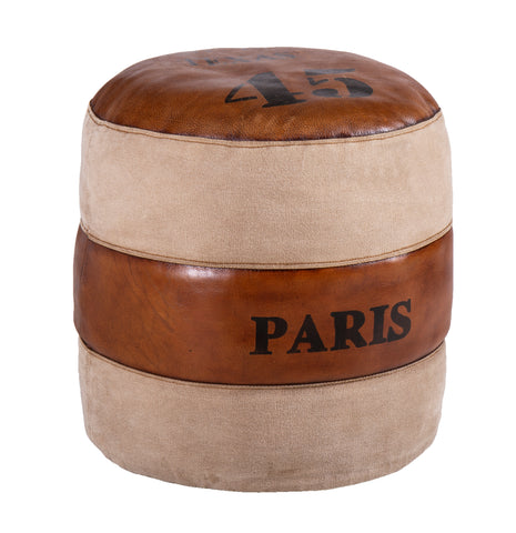 Leather and Fabric Round Pouffe- Paris Texas 45