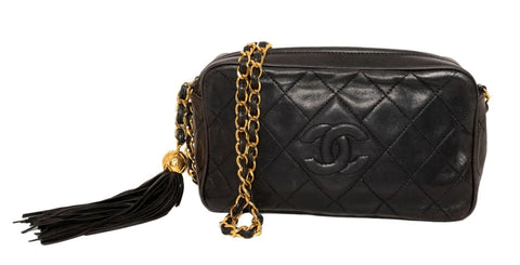 Chanel 'Camera Bag' in Black Chevron Quilted Leather Tassel - Chanel